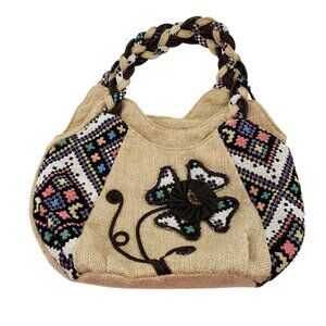 Bohemian‎ Floral Embroidered Jute Handbag With Braided Handle